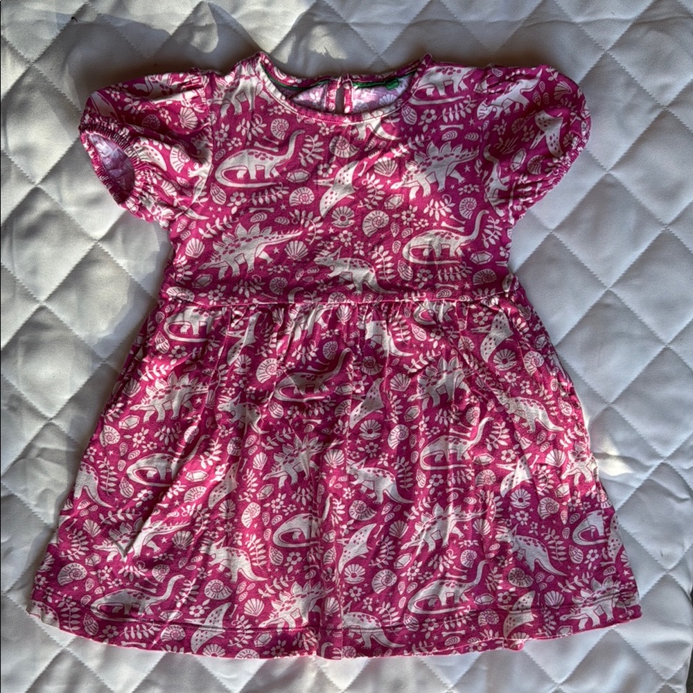 Mini Boden Pink puff Sleeve Sundress with dinosaur print